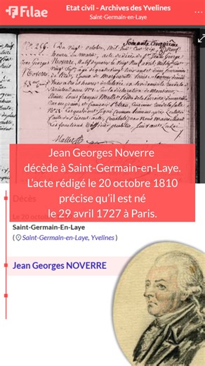 Ce jour, 19 octobre 1810, Jean-Georges Noverre décède à Saint-Germain-en-Laye. Né le 29 avril 1727 à Paris, il était danseur et maître de ballet. Jean Georges Noverre est considéré comme le créateur du ballet moderne. Le jour de sa naissance, le 29 avril, est la Journée internationale de la danse. #genealogie #ancetres #CeJourLa #cejour #Noverre #danse #ballet #opera | Filae.com