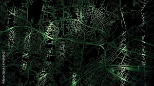 Zoom in road map of Lublin Poland with green glowing roads on a black background.
