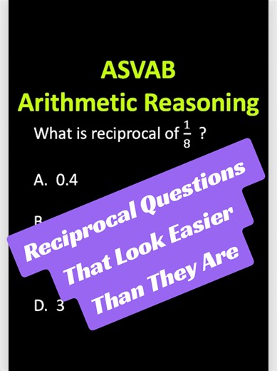 Improve your ASVAB Arithmetic Reasoning score by mastering fraction fundamentals and reciprocal concepts that frequently appear on the exam. In this lesson, you’ll learn how to quickly identify reciprocals, avoid decimal traps, and apply number sense strategies that save time and increase accuracy under pressure. #ASVAB #ArithmeticReasoning #ASVABPrep #MilitaryTestPrep #MathSkills