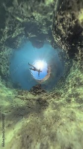 The Camera falls to the Bottom as the Man swims farther away, with the scene captured in a Hole Planet effect. The unique spherical view highlights the depth and distance of the underwater environment