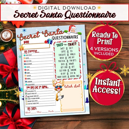 Secret Santa Questionnaire- Christmas Party Games, Favorite Things List, Friendsmas Holiday Gift Exchange Xmas Party Game, Santa Wish List