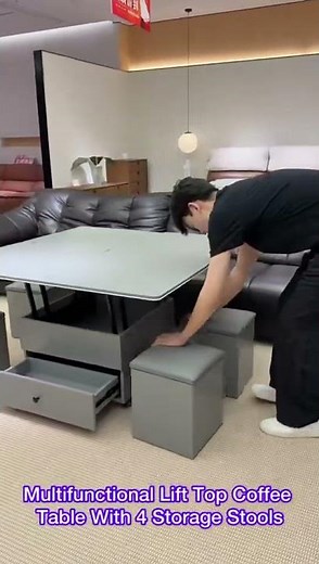Multifunctional Lift Top Coffee Table With 4 Storage Stools 04
