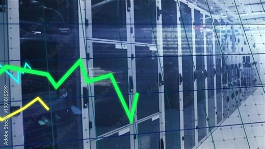 Data spike starting neon traces sweeping by racks green trace peaking for metrics camera pan right