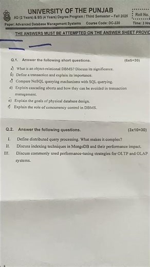 Punjab University Advance Database management system Past Paper for Affiliated college