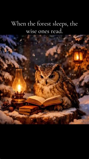 A magical winter scene featuring a wise owl reading under lantern light, surrounded by snow-covered trees. Perfect for fans of cozy forest aesthetics, woodland creatures, and enchanted storytelling moments.