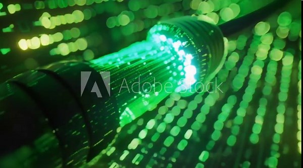 Animation of fiber optic beam used for transmitting data with the high speed and digital film projector lens and a optical fiber wire with coding language background and a green coding background