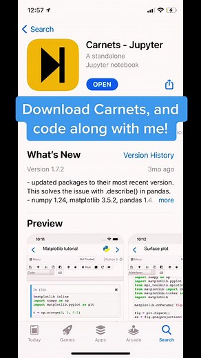 Carnets is a free app on IOS that will allow you to code along with me on your iPhone or iPad! Just discovered this standalone Jupyter notebook today! Happy Coding! 🐍 #python #programming #fyp #romanticizeyourlife #softwareengineer #pandas #numpy #sql