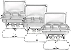 Complete Stainless Steel Chafing Dish Set by TigerChef, Buffet Food Warmer with Foldable Frame, Fuel Holders with Covers, Food Pans, Water Pan, Elegant Buffet Set for Parties, 8 Qt Capacity, Set of 3