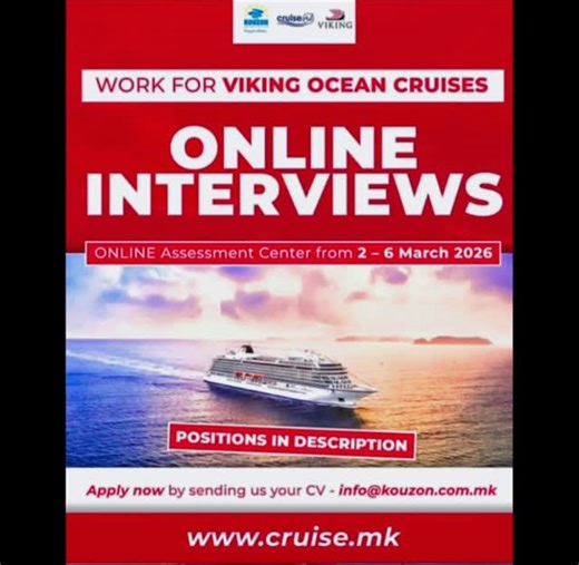 @chef_ram_kaku999 on Instagram: "Apply Viking Ocean Cruises | Online Assessment Center - March 2026 KOUZON CRUISE SHIP EMPLOYMENT - www.cruise.mk Dear candidates, We are pleased to announce an ONLINE Assessment Center for Viking Ocean Cruises, scheduled to take place from 2nd to 6th March 2026. Open Positions: Ol Restaurant • Café Attendants • Assistant Waiters • Waiters • Head Waiters Bars • Resort Deck Attendant Housekeeping • Hotel Custodial • Assistant Stateroom Steward/ess • Stateroom Stewa