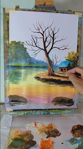 Fast Painting Process | Pink Tree and Sunset Reflections on the River 🌅🌸