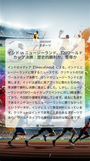 インド vs ニュージーランド、T20ワールドカップ決勝：歴史的勝利か、雪辱か｜Times of India｜2026/03/07｜スポーツ