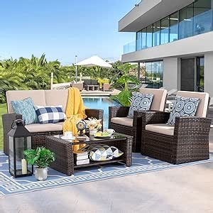 Amazon.com: Shintenchi Outdoor Patio Furniture 4 Piece Set, Wicker Rattan Sectional Sofa Couch with Glass Coffee Table | Brown : Patio, Lawn & Garden