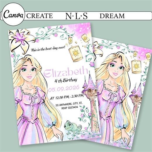 Tangled Rapunzel Birthday Invitation Double Sided | Princess Party Invite for Girls | Editable Canva Template Princess, Princess Invitation - Etsy
