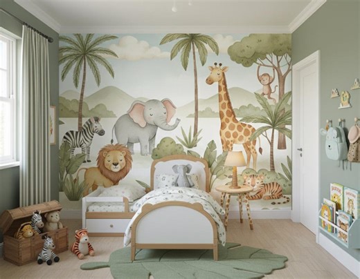 Safari Animal Wallpaper, Kids Jungle Nursery Wall Mural, Peel and Stick - Etsy