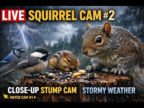 LIVE Squirrel Cam #2 🌩️ Close-Up Stump Cam During the Storm | Wildlife Weather Watch #livestream Cam