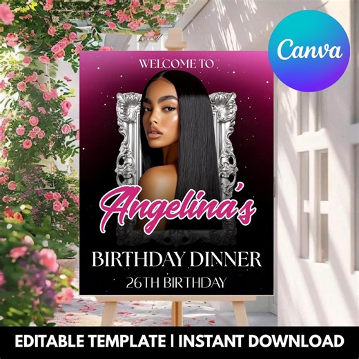 Elegant Pink Birthday Welcome Sign | Modern Birthday Dinner Party (canva Template) - Etsy
