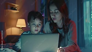 A mother teaches her child to do his homework on the home computer.
