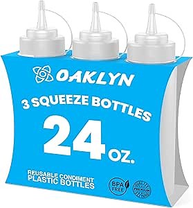 Oaklyn Squeeze Bottles 24oz 3 Pack (Large Size) - Reusable Condiment Bottles for Sauces Liquids BPA-Free Leak Proof Design, Easy to Clean Plastic Squeeze Bottles with Nozzle