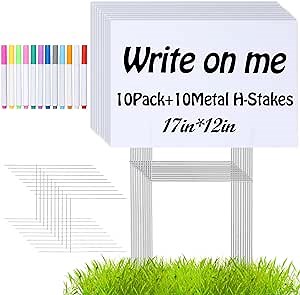 10 PACK 17x 12 Inches Blank Yard Signs - Waterproof Corrugated Plastic Signs, Blank Yard Signs with Stakes for Gardens, Parks, Warnings, Fairs, Commercials, Garage Sale Signs, Advertising