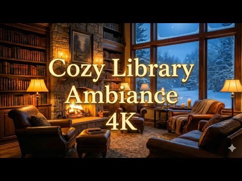 Cozy Library Fireplace Ambience 🎄 | Snowfall & Crackling Fire for Sleep, Study, Relax