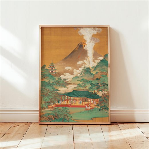Mount Fuji Eruption Poster | Gold Background Japanese Landscape Illustration | Traditional Asian Wall Art - Etsy