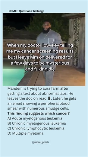 USMLE High-Yield Questions on Instagram: "If I don’t open the email the pathology can’t see me ⸻ 🧠 Explanation (high-yield) Smudge cells are fragile mature lymphocytes that rupture during slide preparation. When lymphocytes are numerous and structurally fragile, they crush easily, leaving behind smudged nuclear remnants—a classic peripheral smear clue tested on NBME/USMLE. ⸻ ✅ Answer: C) Chronic lymphocytic leukemia ⸻ ❌ Why the others are wrong • A) Acute myelogenous leukemia → blasts ± Auer ro