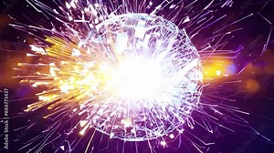 Dynamic explosion of a digital sphere releasing vibrant particles and energy, creating a mesmerizing display of light and color