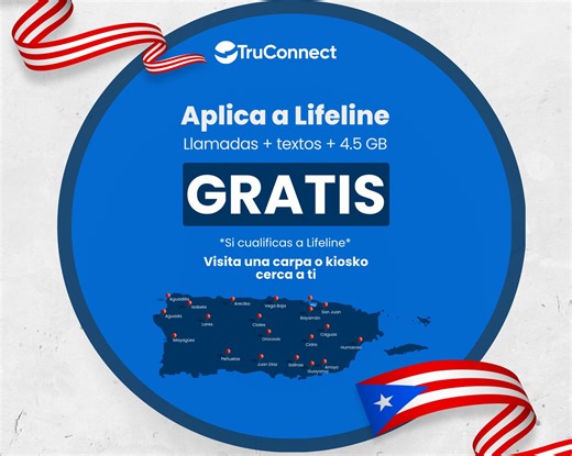 📍 Tu conexión más cerca de lo que imaginas TruConnect te ayuda a mantenerte conectado con tu mundo: amigos, familia, estudio y diversión. 💙 Este enero, no dejes que nada te desconecte. Aplica a Lifeline y activa tu servicio gratis hoy mismo en un kiosko TruConnect cercano. 📲 Llamadas, textos, 4.5GB y smartphone si calificas. ¡Es tu oportunidad de empezar el año completamente conectado! | TruConnect PR