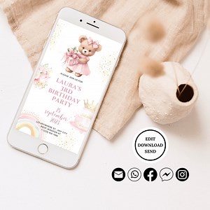 Teddy Bear Princess Birthday Invitation Pink Castle Unicorn Birthday Party Invitation Digital Phone - Etsy