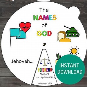 Names of God Coloring Wheel, Printable Sunday School Craft, Scripture Activity