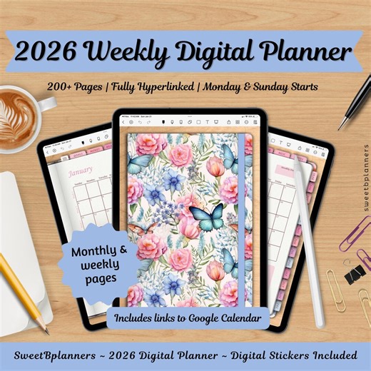 2026 Blue Butterfly Weekly Planner, Goodnotes, Noteshelf, Digital Download, Google Calendar, Digital Stickers, iPad Planner - Etsy