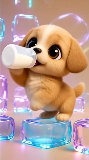 Jumping 3D Puppy on Neon Ice Cubes 🐶✨ | Super Cute Animation for Kids | Viral Short