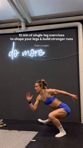 Valentina Schaub on Instagram: "Shape & strengthen in 12 min 🏃🏼‍♀️✨ 2 rounds | each exercise 30 sec (left/right): 1. Curtsy lunges 2. Single-leg RDLs 3. Side lunges 4. Squat pulses on toes 5. Calf raises 6. Standing side crunches 👉🏼Why single leg strength? Because that’s where balance, control, and true power come from — the base for stronger, faster, and more stable runs. Wearing the magnetic blue Vision set from @dfyne.official 🩵🌊☁️ code VALENTINA to save if you love it as much as i do!!