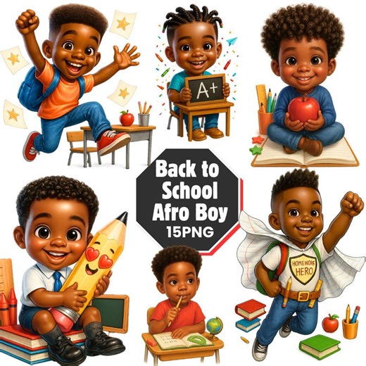 Black Boy Back to School Clipart: Afro Png Graphics, Adorable African Boy (digital Download) - Etsy