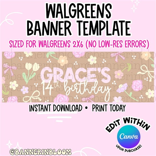Girly Floral Walgreens Birthday Banner | Editable | 2x6ft Pastel Banner (NO LOW RES) - Etsy
