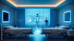 Futuristic hospital room with robotic medical assistants advanced healthcare technology digital patient care system