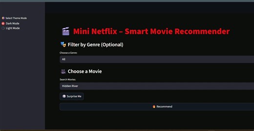 cs.student.hub on Instagram: "🚀 Built a Mini Netflix AI Recommender System using Python + Streamlit! Select any movie and instantly get 5 similar recommendations — powered by ML & cosine similarity. Swipe ▶️ to see the UI upgrade with Dark/Light Mode + Smart Filters. #python #streamlit #machinelearning #ai #artificialintelligence #datascience #mlprojects #pythonprojects #codinglife #developer #programmer #techlife #movieapp #movieproject #netflixai #recommendersystem #webapp #programming #techc