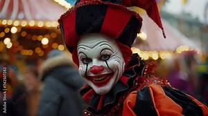 A mischievous jester in a vibrant red and black harlequin costume topped with a quirky jester hat and a porcelain mask painted with a whimsical smile. In the background a