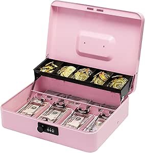 Secure Locking Cash Box with Key or comnination, Money Tray, and Organizer - Metal Money Safe for Cash Management (Pink Combination)