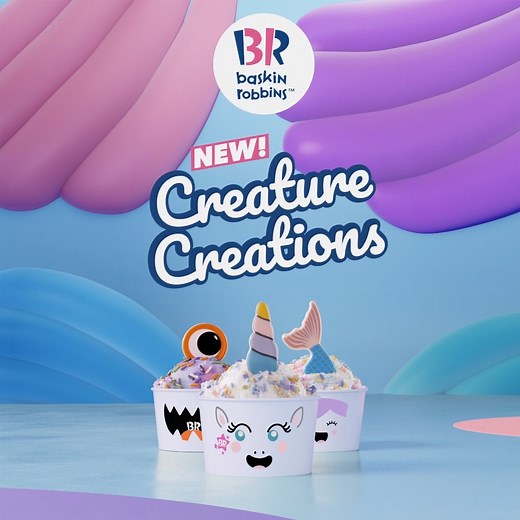 Calling all creatures! New Creature Creations have arrived. Try a unicorn, monster or mermaid in any ice cream flavor. #BRCreatureCreations | Baskin-Robbins