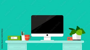 Workplace concept. Office table. Design for co working. Animation student desk, office desk, appearing objects. Workplace cartoon. Modern colorful office. Flat animation. Desktop with computer