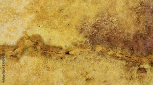 Sulfur stream after rare raine, dropped, supersaturated solutions, chemical fluvial sediments, Mountains of volcanic origin. Hormuz Island, Iran