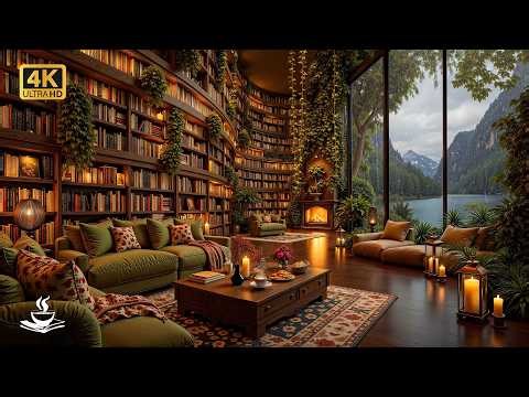 Lakeside Rain Library Jazz with Candlelit Stacks | Bookish Escape, Deep Concentration & Gentle Calm