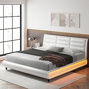 HOSTACK Upholstered Bed Frame with Smart LED, PU Low Profile Sleigh Platform Bed with Adjustable Headboard, Modern Mattress Foundation with Wood Slats, Lights Sync With Music (White, Queen Size)