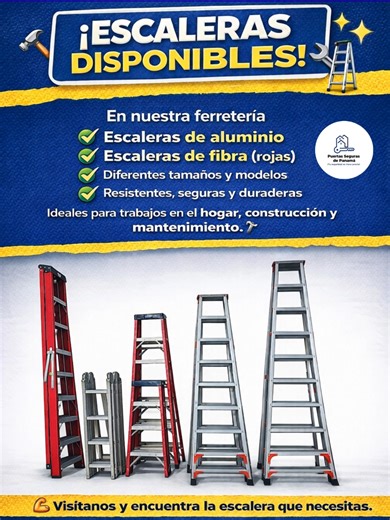 🪜 ¡Escaleras disponibles! ✔️ Escaleras de aluminio ✔️ Escaleras de fibra (rojas) ✔️ Diferentes tamaños y modelos ✔️ Resistentes y seguras para cualquier trabajo 🔧 Ideales para hogar, construcción y mantenimiento. 📍 Ven y encuentra la escalera que necesitas. #Ferreteria #Escaleras #EscalerasDeFibra #EscalerasDeAluminio #Herramientas