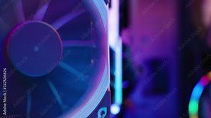 Radiator with a cooler on the processor for cooling, internal components of a desktop PC with RGB lighting, zoom, close-up.