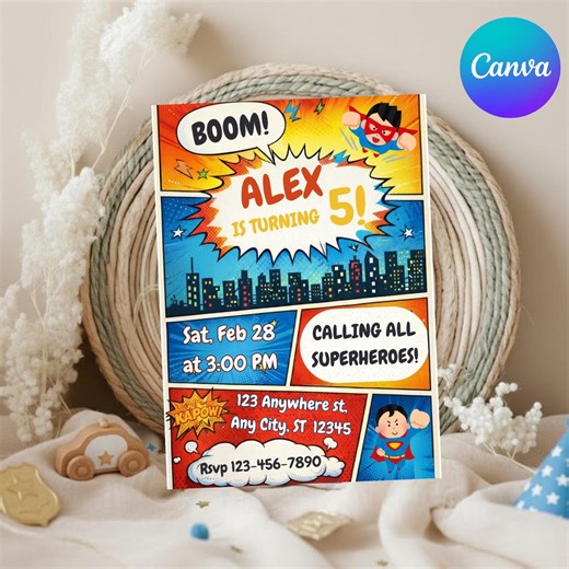 Comic Book Birthday Invitation, Superhero Comic Birthday, Pop Art Theme, Kids Birthday Template, Calling All Superheroes, Instant Download - Etsy