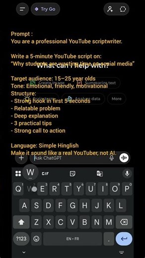 How to make 'Youtube' script by ai ?Use this to make easy your youtuber journey. comment for prompt