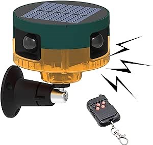 keeda Solar Motion Sensor Alarm, 129dB Loud LED Strobe Alarm 360° Detection Siren Lamp with Remote, 13 Tones + Customize Sound Audio Alarm for Villa,Farm,Barn,Yard,Chicken coop (Yellow)