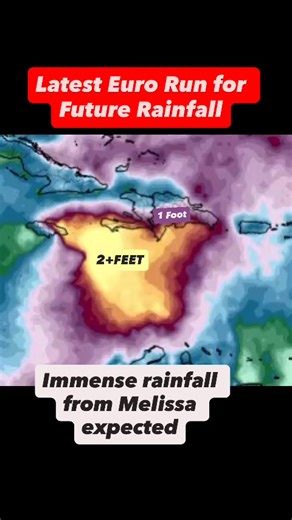 🌀 Hurricane Melissa – Stalling Over the Caribbean with Catastrophic Rainfall 🌧️Tropical Storm Melissa has now strengthened into a hurricane — but the latest model guidance shows an even greater concern: Melissa is expected to slow down or stall, unleashing torrential, long-duration rainfall across the Caribbean.⚠️ Stalled System = Dangerous Flooding • The latest European (ECMWF) model run projects 1–2 feet of rainfall across portions of Haiti, Jamaica, and eastern Cuba. • With the system nearl